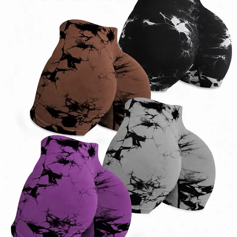 4-Pack Women Tie-Dye Seamless High-Waist Biker Shorts, Scrunch Butt Lifting Tummy Control Stretch Compression Workout Yoga Shorts, Soft Athletic Gym Running Fitness Short Pants Multi-Color Set