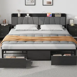 Bed Frame with Storage Drawer, Industrial Twin Platform Bed with Upholstered Headboard and Charging Station