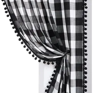 White Black Buffalo Check Curtains for Living Room 84" Gingham Plaid Pom Pom Curtain Panels for Bedroom  Farmhouse Semi Sheer Curtain Drapes for Kitchen Dorm Guest Room Rod Pocket 2 count