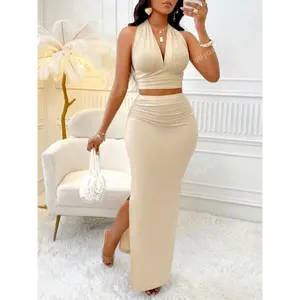 Solid Color Deep V-Neck Backless Tied Cropped Vest Top&Slim Pleated Side Slit Long Skirt,Fashionable Two Piece Set