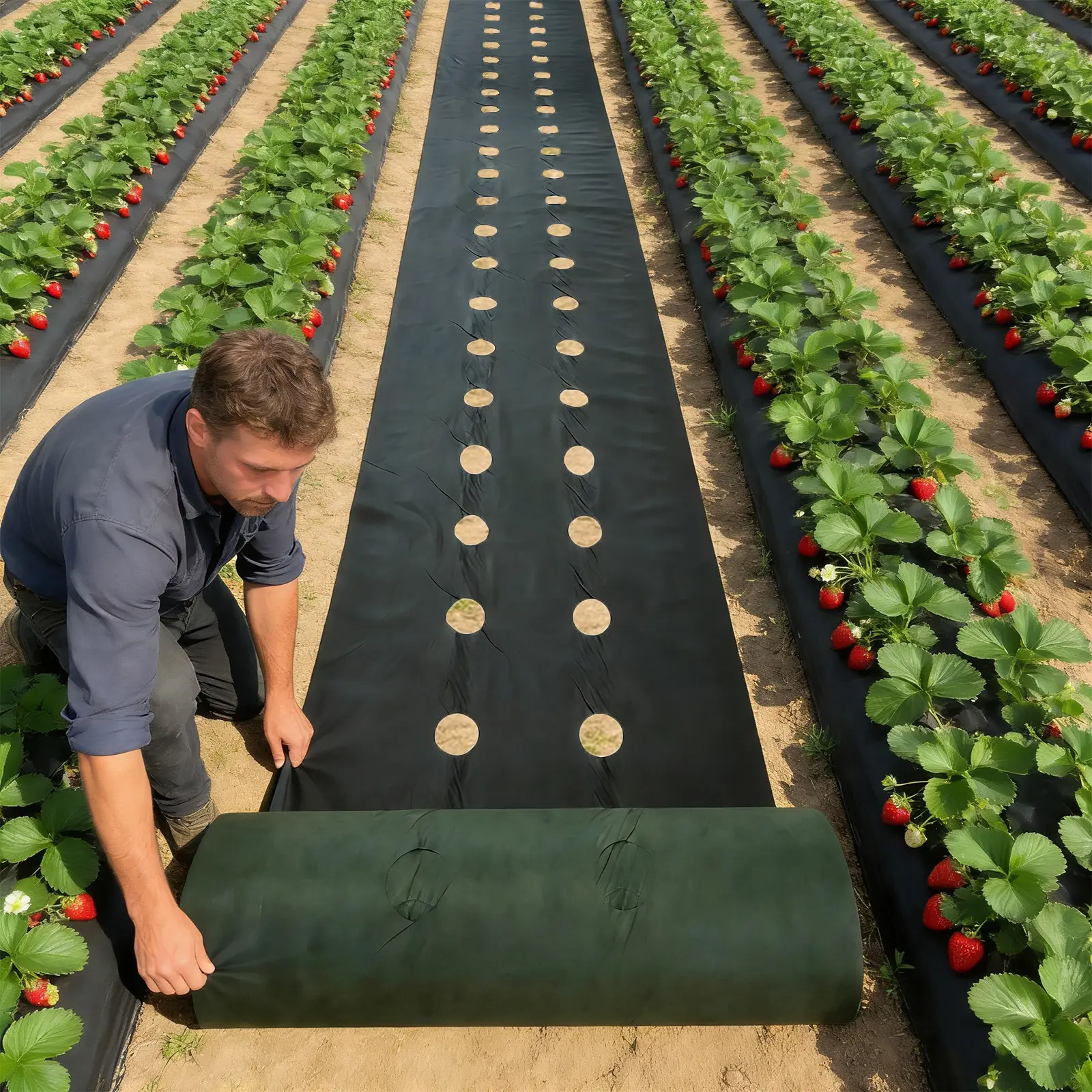 0.8x10m Green Black Breathable Weed Blocker Landscape Fabric, Pre-Punched Single Roll Weed Control Mat for Strawberry, Vegetable Raised Beds Planting