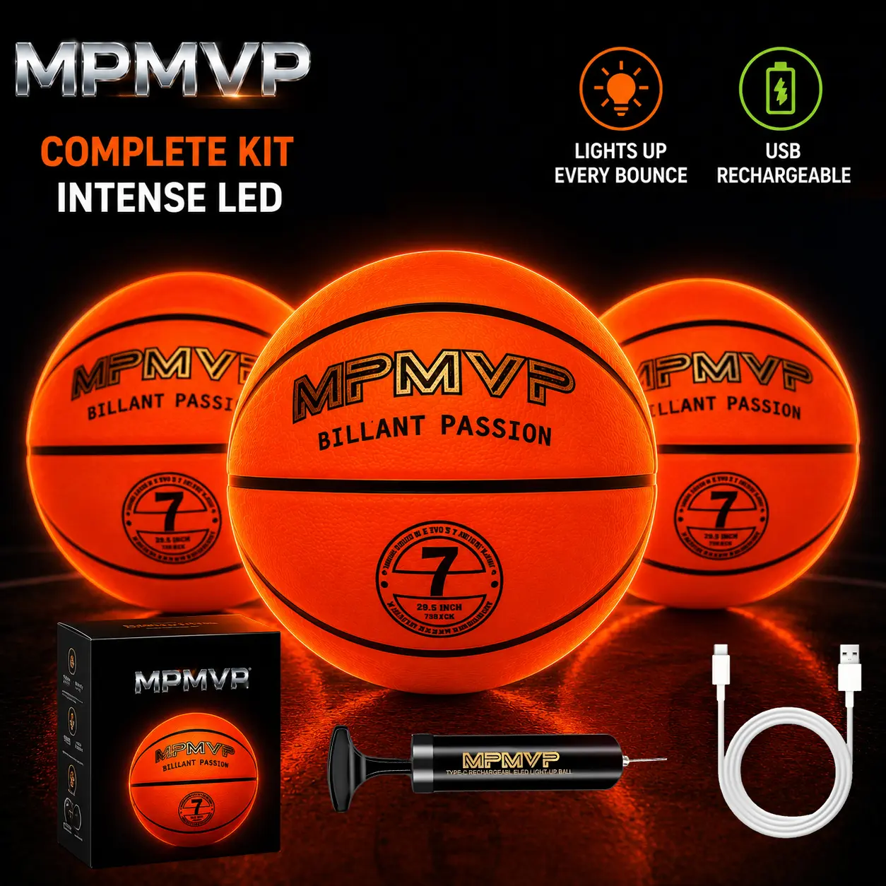 Rechargeable Light Up Basketball, Official Size 7 LED Basketball, USB Rechargeable Glow Basketball with Pump & Cable, Impact Activated for Indoor Outdoor Night Play,sport gift