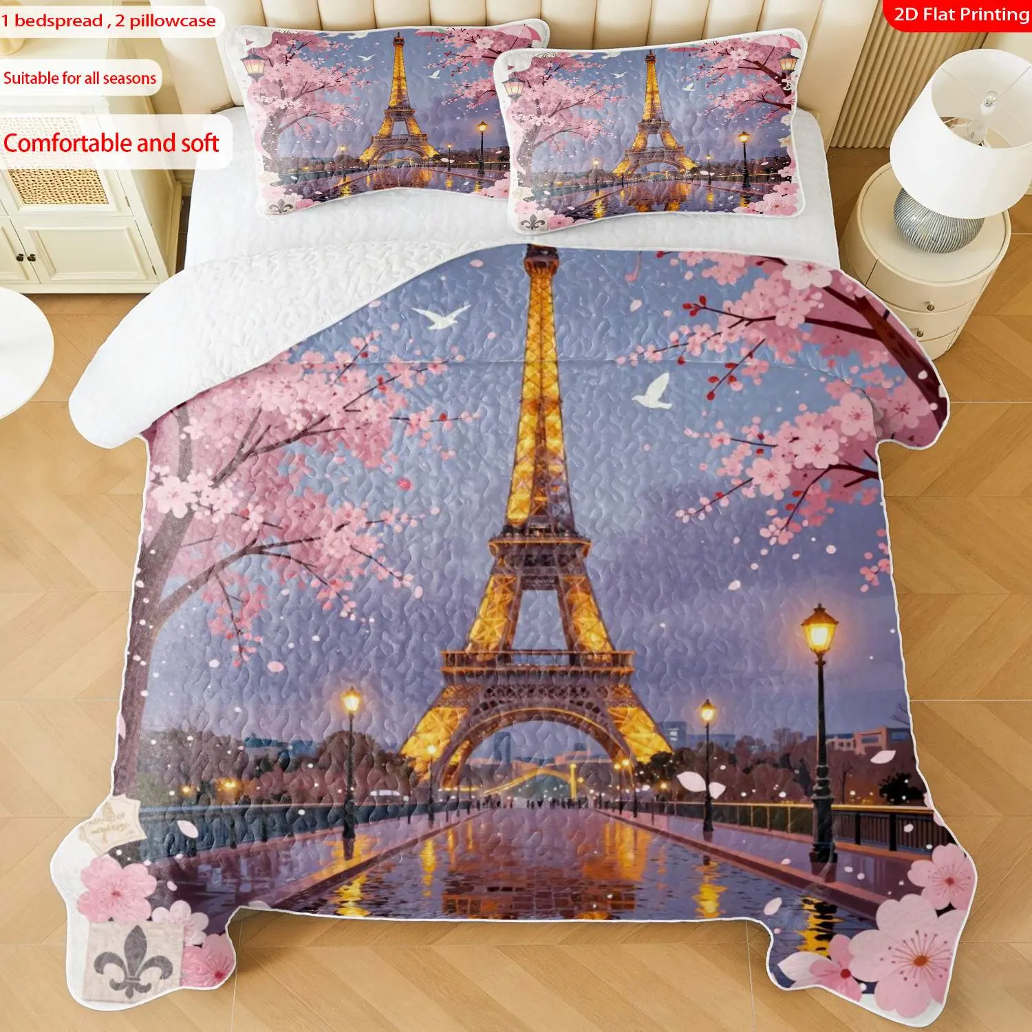3pcs, 2D Flat Print Elegant Paris Eiffel Tower Cherry Blossom Romantic Purple Night Scene Quilted Bedspread Set, Multiple Sizes Available, Bedding Set, Festive Decorative Bedding, Ideal for Bedroom Decor(1 bedspread , 2 pillowcase)