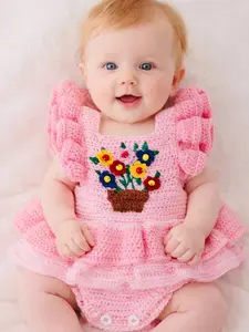 Pink Ruffle Baby Romper with Flower Pot Appliqué – Handmade Crocheted Newborn Outfit – Baby Girl Photo Prop – Cotton Thread Romper
