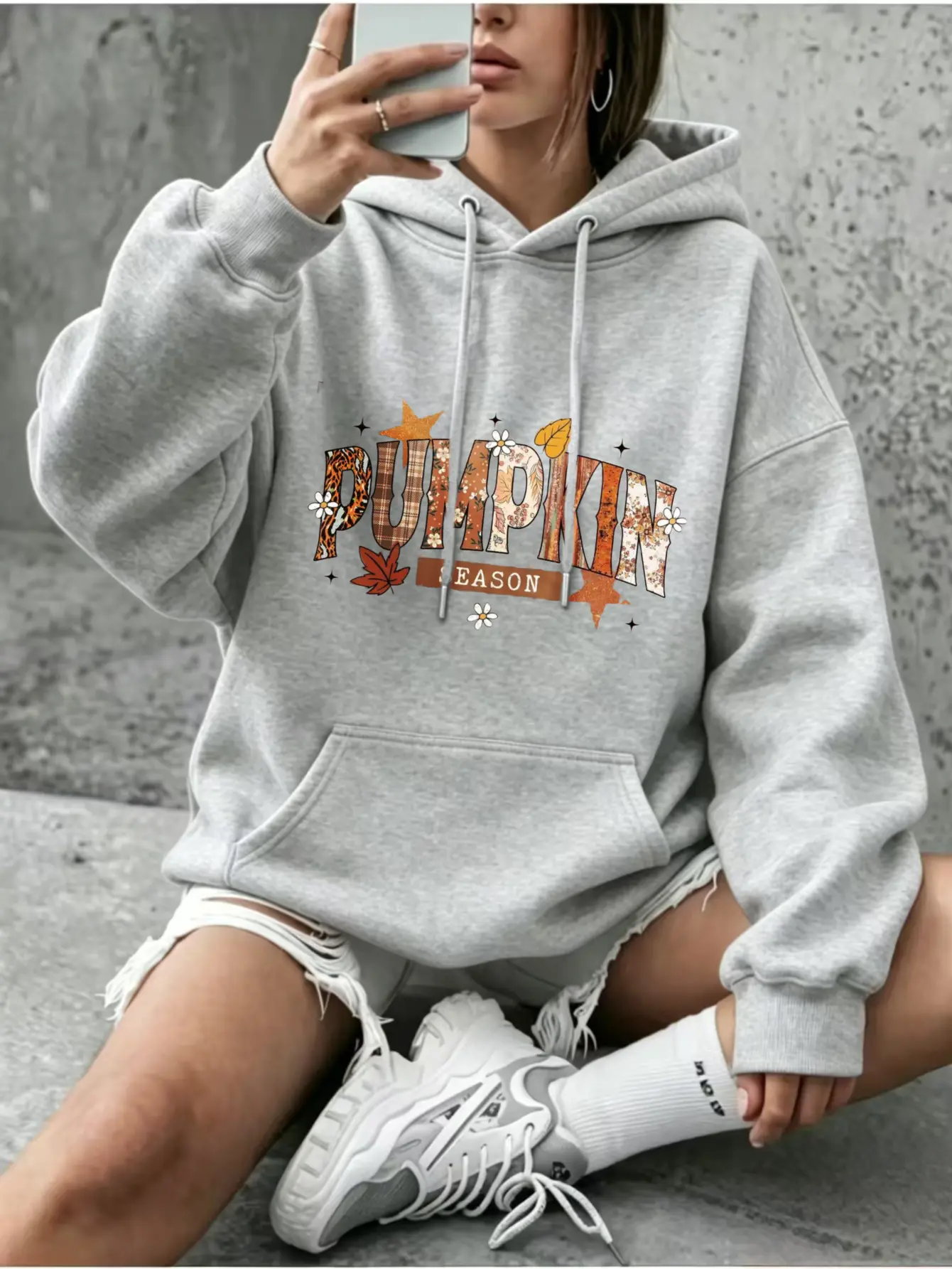 Vintage Mixed Print Pumpkin Season Hoodie For Women, Cute Maple Daisy Fall Harvest Graphic Pullover Sweatshirt, Western Country Casual Long Sleeve Top