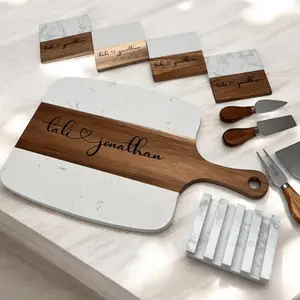 Taniri 15.5x9in Rectangular Acacia Wood Chopping Board Gift Set - Custom Engraved Luxury Kitchen Board with Stylish Wooden Serving Tools, Knives Kitchen Set, Name Added, Gift Box for Wedding, Housewarming
