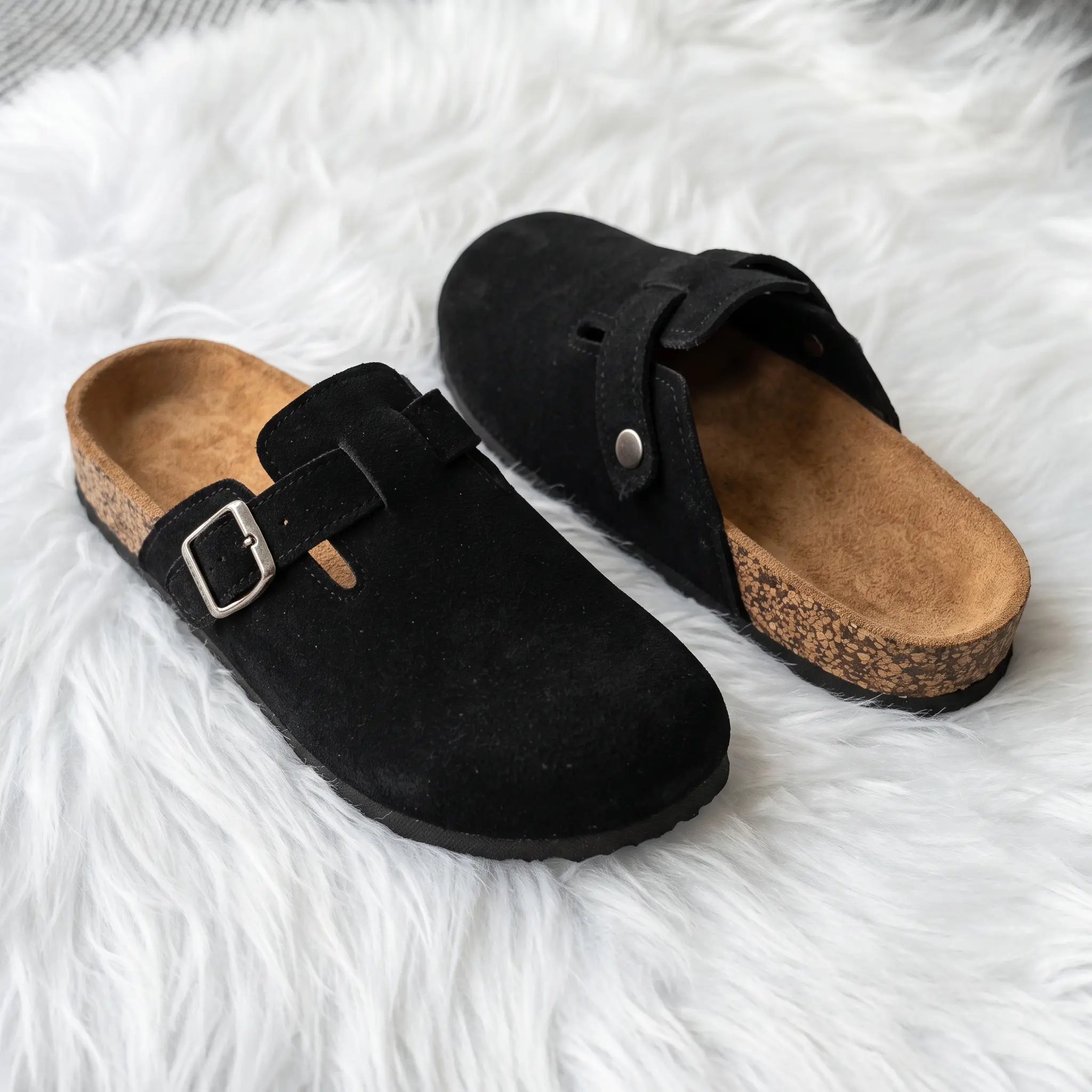 Women's Suede Clogs with Arch Support, Unisex Boston-Style Cork Footbed Slip-On Mules, Lightweight Casual Indoor Outdoor Shoes