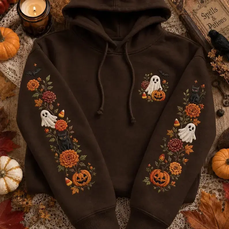 Spooky Floral Ghost Hoodie, Halloween Embroidered Hoodie, Black Cat Pumpkin Hooded Sweatshirt, Fall Floral Pullover