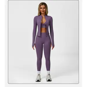 Women's solid color short tank top, high-waisted leggings, and zip-up short jacket sports set - breathable and comfortable, suitable for yoga, gym, workouts, running, yoga wear, fitness sportswear, casual sportswear