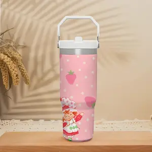 Cartoon S-Strawberry Shortcake Vacuum Flasks 30oz Stainless Steel Flip Straw Tumbler with Handle | Leakproof Twist Lid | Double Wall Vacuum Insulated BPA-Free Reusable Cup for Gym, Work & Travel Insulated Bottle Insulated Mug Thermos Cup