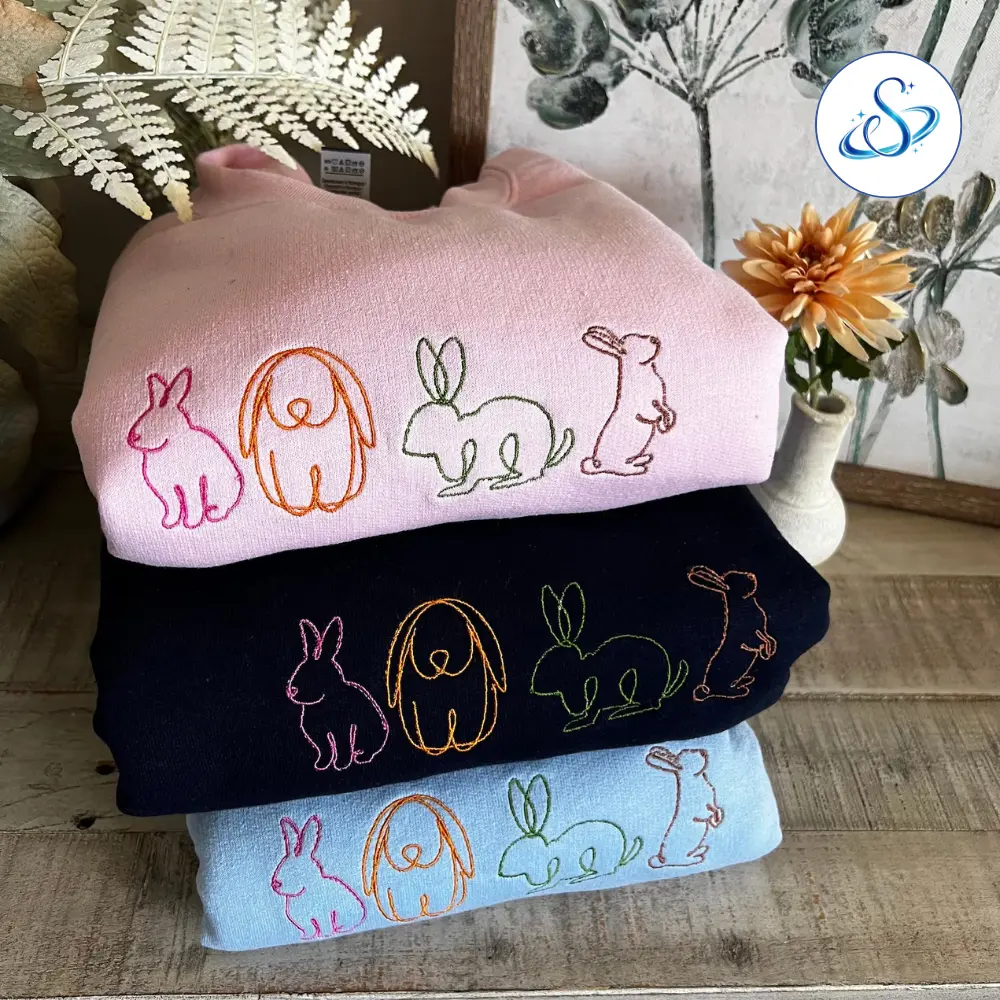 Bunny Embroidered Sweatshirt, Easter Bunny Rabbit Crewneck, Cute Spring Embroidered Shirt for Women, Cozy Holiday Pullover Gift for Bunny Lovers and Easter Fans