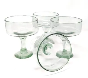 Mexican Hand Blown Glass – Set of 4 Natural Clear Hand Blown Margarita Glasses (16 oz)