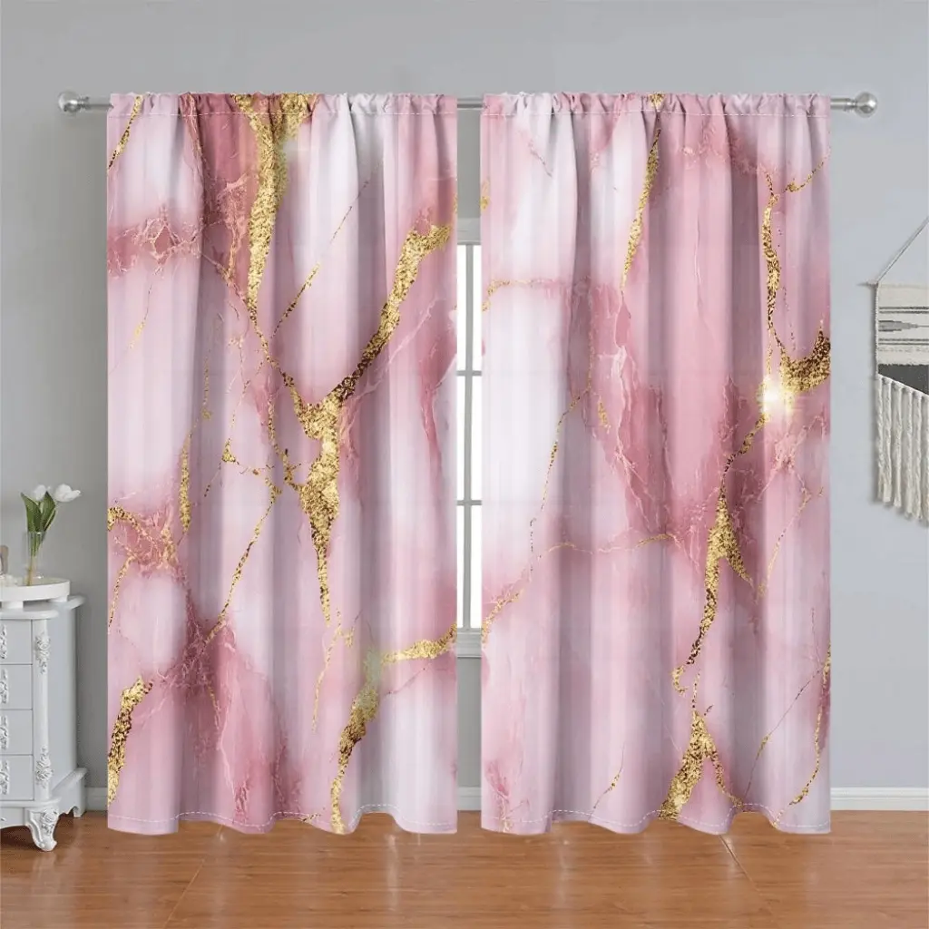 2Pcs Gold Vein Marble Print Curtains, Home Decorative Curtain, Window Drapes, Pink Pole Pocket Window Panels, Semi Sunshade Polyester Home Textile, Modern Decoration for Living Room, Bedroom