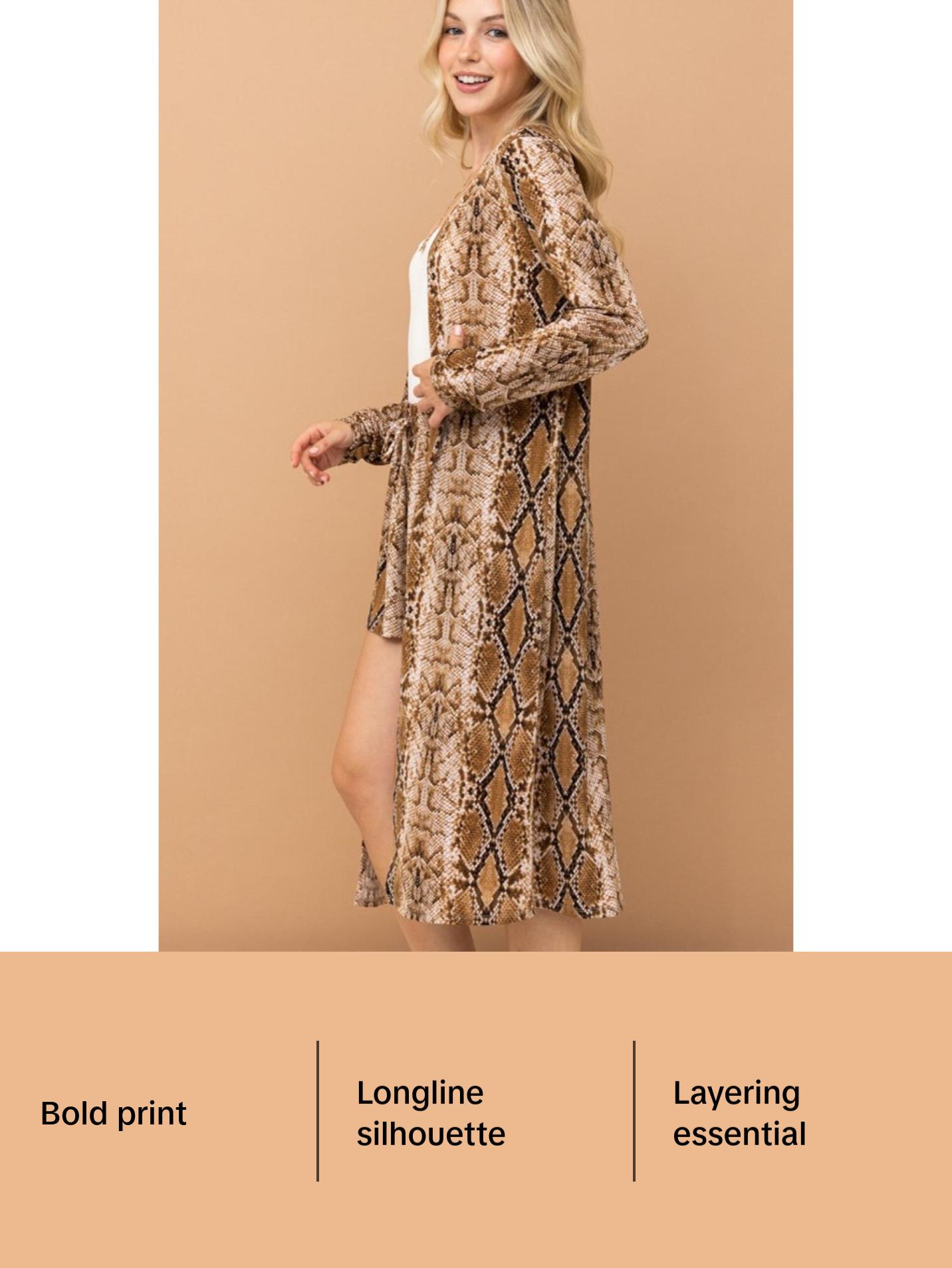 And The Why Snake Print Kimono Open Front Longline Cardigan