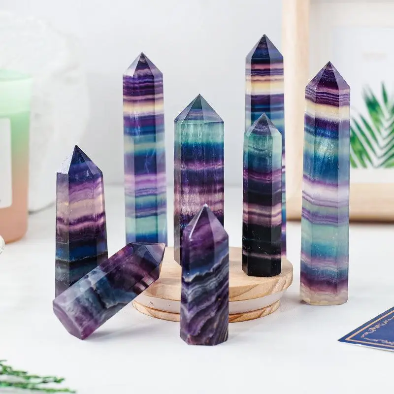 Gemstone Tower, 8 - 9Cm Natural Rainbow Fluorite Hexagonal Point, Healing Stone & Stress Reliever for Adults, Colorful Home Decor, Healing Crystals, Colorful Crystal Decor, Calming Energy
