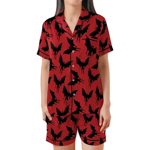 Mothman Short Sleeves Pajama Set, Mothman Woman's Red Pajama Short Sleeve Shorts