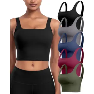 Sports Bras 5 Packs - Square Neck Longline Workout Crop Tank Tops Padded Yoga Camisole with Built in Pads