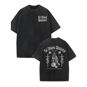 Men’s Vintage Washed Heavyweight 230gsm 100% Cotton T-Shirt – Our Lady of Guadalupe & Spanish Prayer Print, Loose Fit Catholic Streetwear Tee