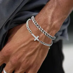 2pcs Mens Silvery Bracelet with Cross Titanium Steel Bracelets for Men, Cuban Link Bracelet Set Gifts to Men Dad, Hand Bracelet for Men, Wrist Jewelry for Men, Everyday Mens Bracelet, Cross Bracelet, Cuban Link Style, Silvery Tone Bracelet,