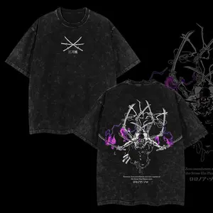 One Piece Roronoa Zoro Vintage Acid Washed Oversized Graphic T Shirt Double Sided Print Lightweight Cotton Anime Tee Streetwear Fashion Short Sleeve Crewneck Casual Top Trendy Outfit Comfortable Breathable Daily Wear Gift for Anime Fans