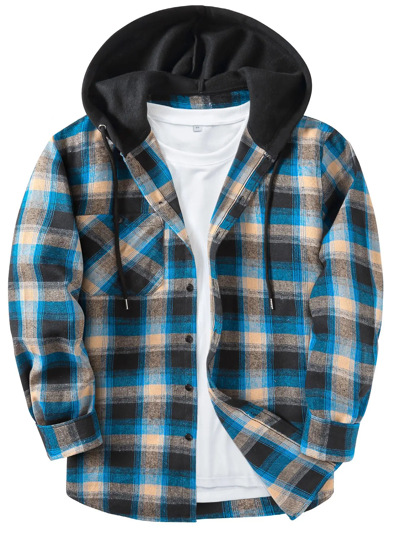 Men's Plaid Button-Front Drawstring Hooded Shirt, Regular Fit Casual Long-Sleeve Outerwear with Pockets for Spring and Fall, Men's Clothes for Daily Wear Men's Plaid Button-Front Drawstring Hooded Shirt, Regular Fit Casual Long-Sleeve Outerwear with Pockets for Spring and Fall, Men's Clothes for Daily Wear