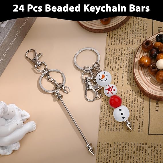 12 Set Beadable Keychains Bars DIY Blank Beadable Keychains Metal Beaded Keychain Sliver Beads Keychain Making Kit for DIY Crafts Supplies Jewelry Making Gift