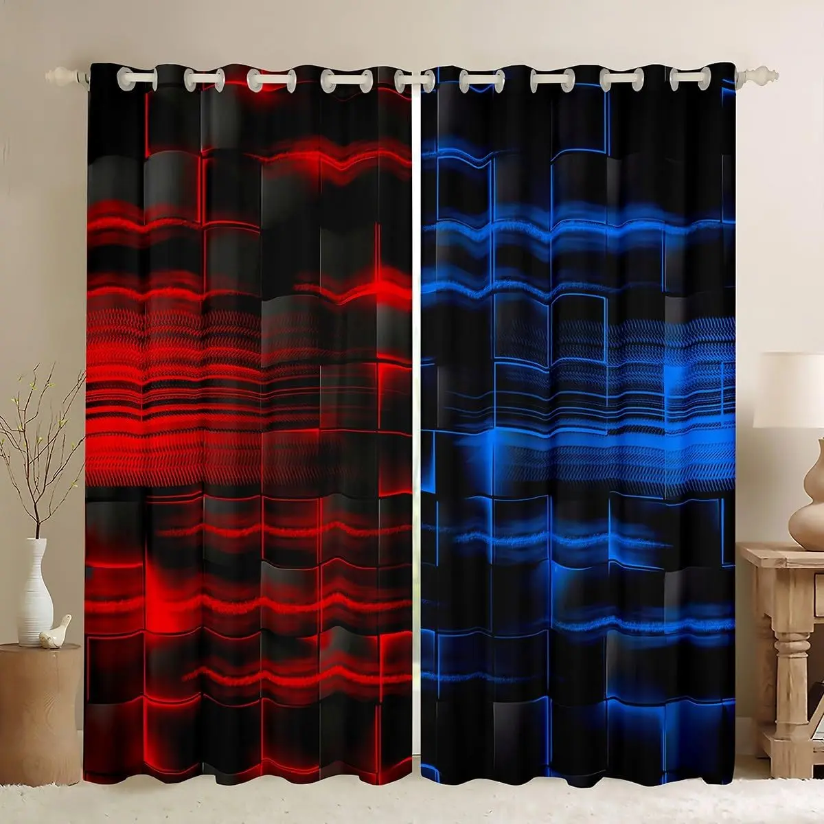 Red Blue Darkening Drapes (2 Panels) Geometric Strip Lines Curtains for Bedroom Living Room Blackout Curtains Abstract Modern Window Treatments