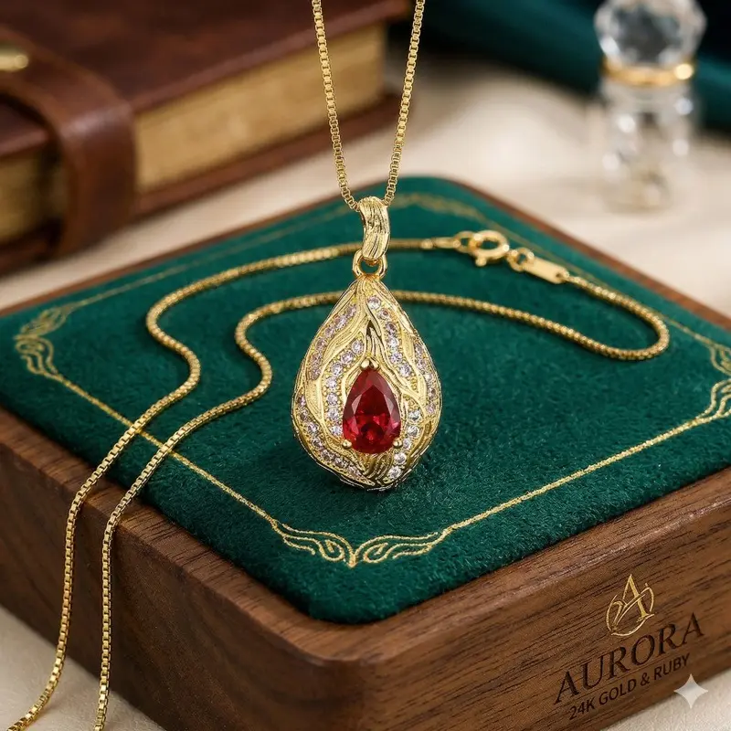 Women's Vintage-Inspired Elegant Light Luxury Gold-Plated Copper Box Chain Necklace - Red Ruby, Sapphire, Emerald Teardrop Shape Gemstones, Textured Accents, Non-Tarnish Costume Jewelry, Daily Wear, Mother's Day Gift