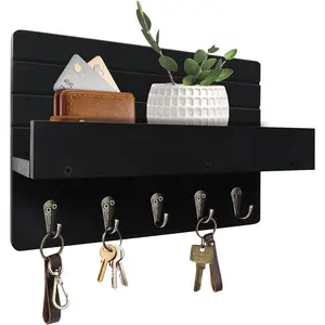 Key Holder for Wall, House Decor Mail Organizer Wall Mounted with Shelf & 5 Hooks for Hanging  Leash, Sunglasses, Hats, Rustic Key Rack Apartment Eseentials Wooden Key Hanger