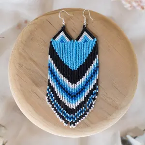Deep Waters - Native Beaded Earrings in Shades of Blue - Handmade by Huichol Artisans - Mother Sierra