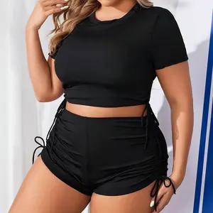 2025 New Solid Color Drawstring Short Sleeve Conservative plus Size Swimsuit Women's Beach Bikini Swimming Suit tankini summer