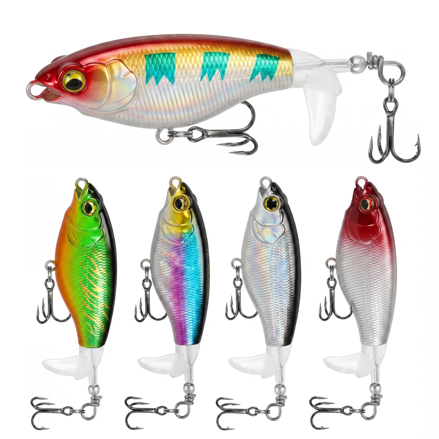 5-Piece Topwater Plopper Lures with Box | Floating Hard Baits with Rotating Tail, Instant Splash and Sound for Bass Pike