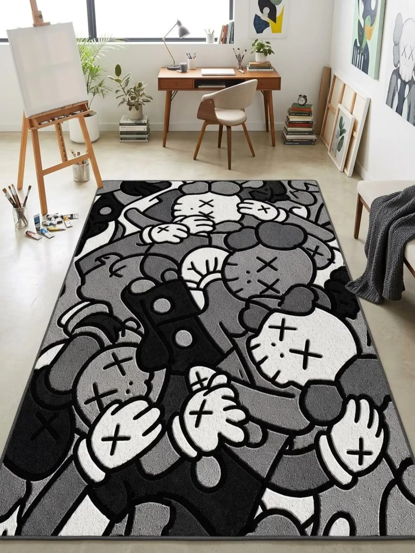 Monochrome Cartoon Character Area Rug - Streetwear Hypebeast Themed Graphic Decor for Home Textile Furnishings