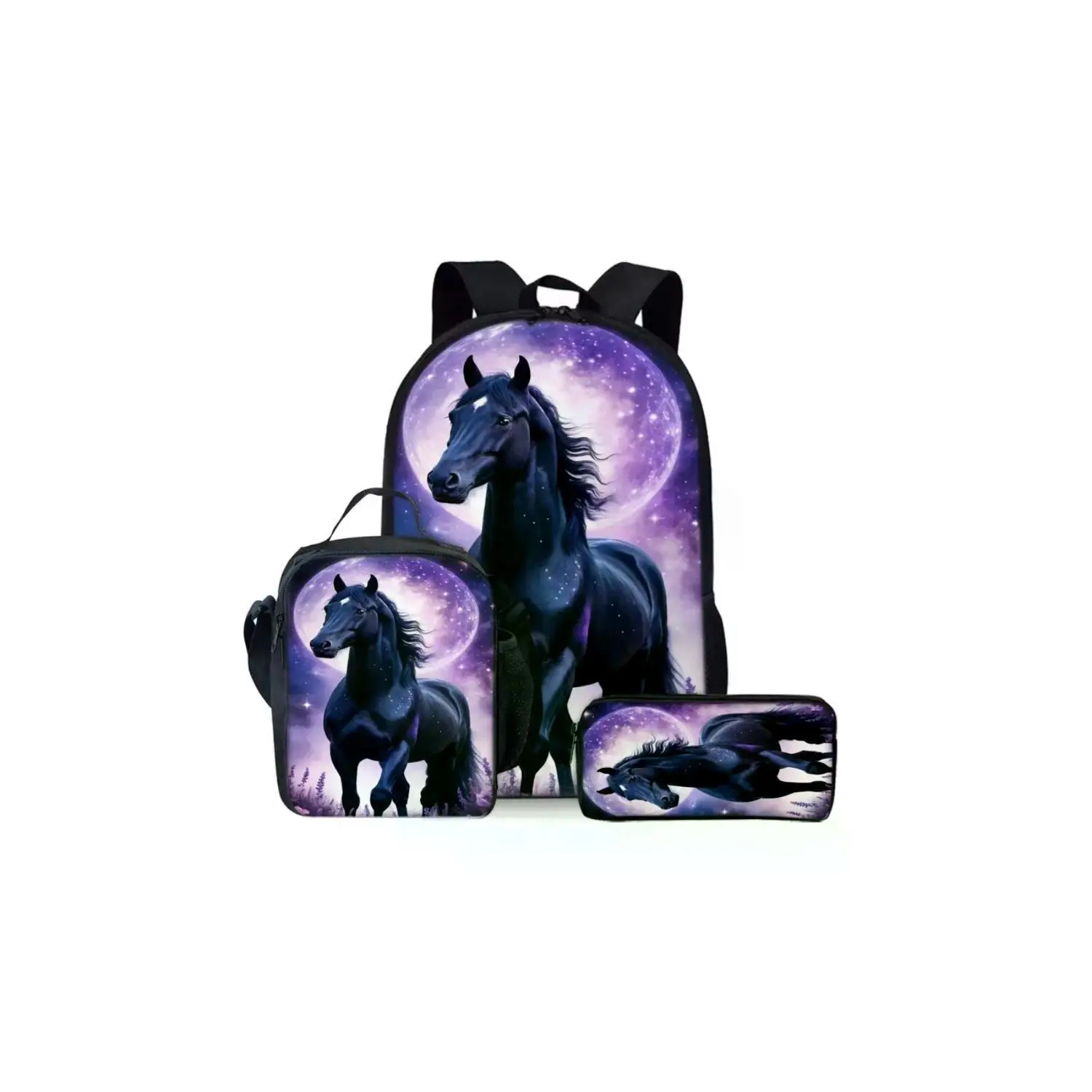 3-Piece Horse Print Backpack Set for Kids, Lightweight Large-Capacity School Bag with Lunch Bag and Pencil Case, Ideal for Travel, Daily Use, and Holiday Gifts