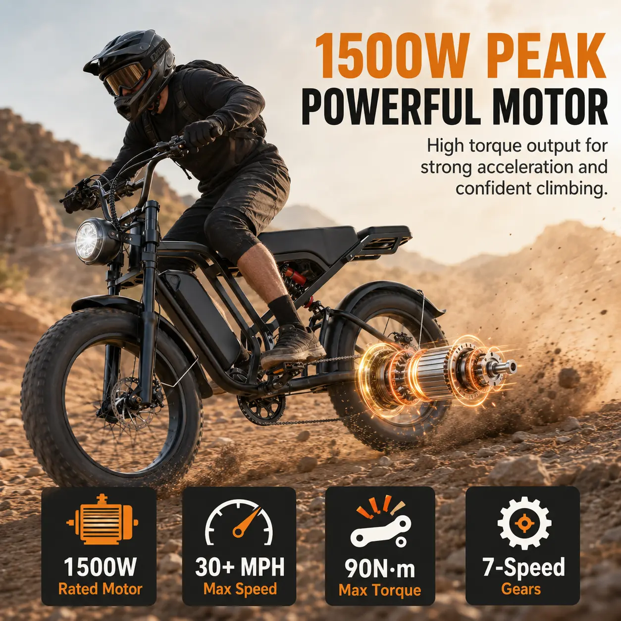 Adult Fat Tire Electric Bike, 1500W Peak Power, 48V 15Ah Removable Battery, Full Suspension, 20x4in Tires, 7-Speed, LCD Display, 40-70 Mi Range