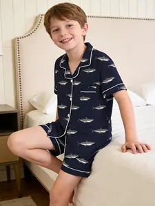Boys' 2-Piece Short Sleeve Button-Down Silk Pajamas Shark Satin Pajamas Set, Soft Casual Summer Homewear Sleepwear for Ages 5-14