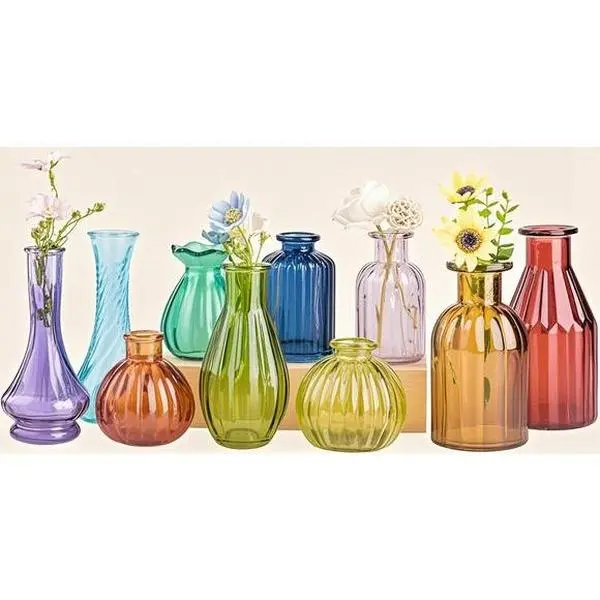 Colorful-10pcs Bud Shape Glass Vases Set, Home Supplies for Wedding Centerpieces, Vintage Reusable Small Colored Bottles, Mexican Inspired Floral Accents, Home and Garden Windowsill Decor, Decoration
