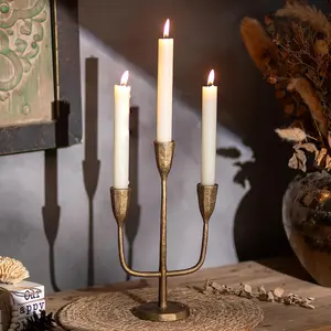 Cast Iron Gold Candelabra: 10.4 Inch Tall Vintage Taper Candle Holders 3 Arms Brass Candlestick Holders Antique Candelabra Centerpieces for Tables Fireplace Living Room Decor Set of 1