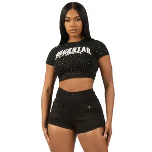 Franchesca Black Rhinestone Crop Baby Tee Shirt
