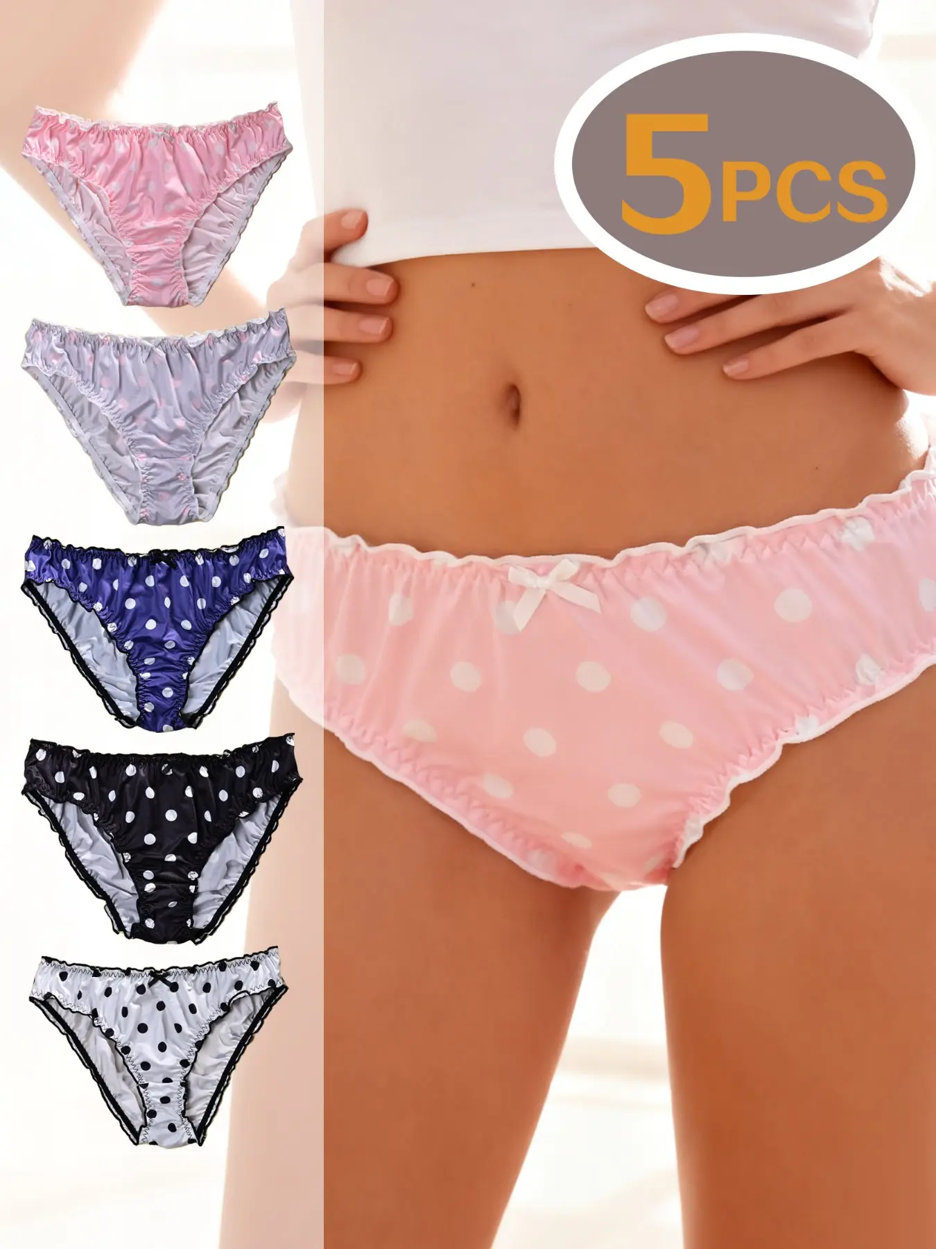[0XL-4XL,5 PCS]Women's Polka Dot Print Triangle Briefs, Underwear, Lightweight Breathable Quick-Dry High Elasticity Waistband, Fit, 5 Pack, All Seasons Panties