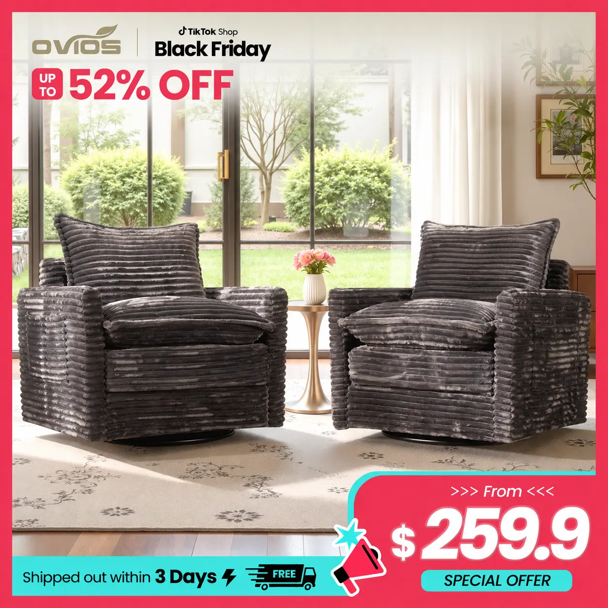 【Family Fun】Ovios 33" W Cloud Plush Corduroy Rocking Chair with Ottoman, Swivel Nursing Glider Chair with Side Pockets, Extra-Wide Seat with Thick Cushion, 400 lb Capacity, Easy Assembly, 2 Pcs
