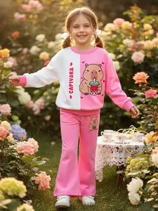 Viral Capybara Must-Have Super Cute Kids Capybara Boba Tea Outfit Adorable Animal Print 2-Piece Set Long Sleeve Sweatshirt Jogger Pants Stylish Comfortable Soft Comfy Graphic Tracksuit Unique Gift for Girls Ideal for Fall Spring Casual Playwear Cozy Home