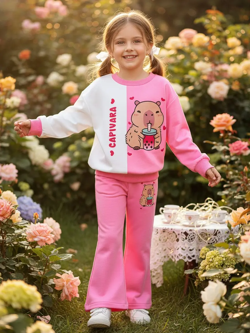 Viral Capybara Must-Have Super Cute Kids Capybara Boba Tea Outfit Adorable Animal Print 2-Piece Set Long Sleeve Sweatshirt Jogger Pants Stylish Comfortable Soft Comfy Graphic Tracksuit Unique Gift for Girls Ideal for Fall Spring Casual Playwear Cozy Home