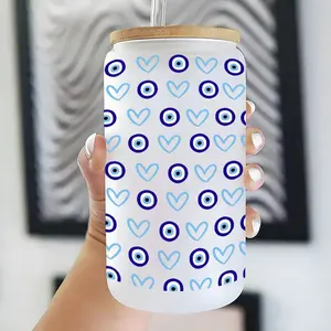 Evil Eye & Heart Print 16oz Glass Tumbler with Bamboo Lid, Reusable Water Bottles, Symbol Iced Coffee Cup BPA Free Travel Mug, Cute Boho Style Water Bottle for Women Girls, Ideal Birthday Holiday Gift, Drinking Tumbler, Travel Bottled Drinkware