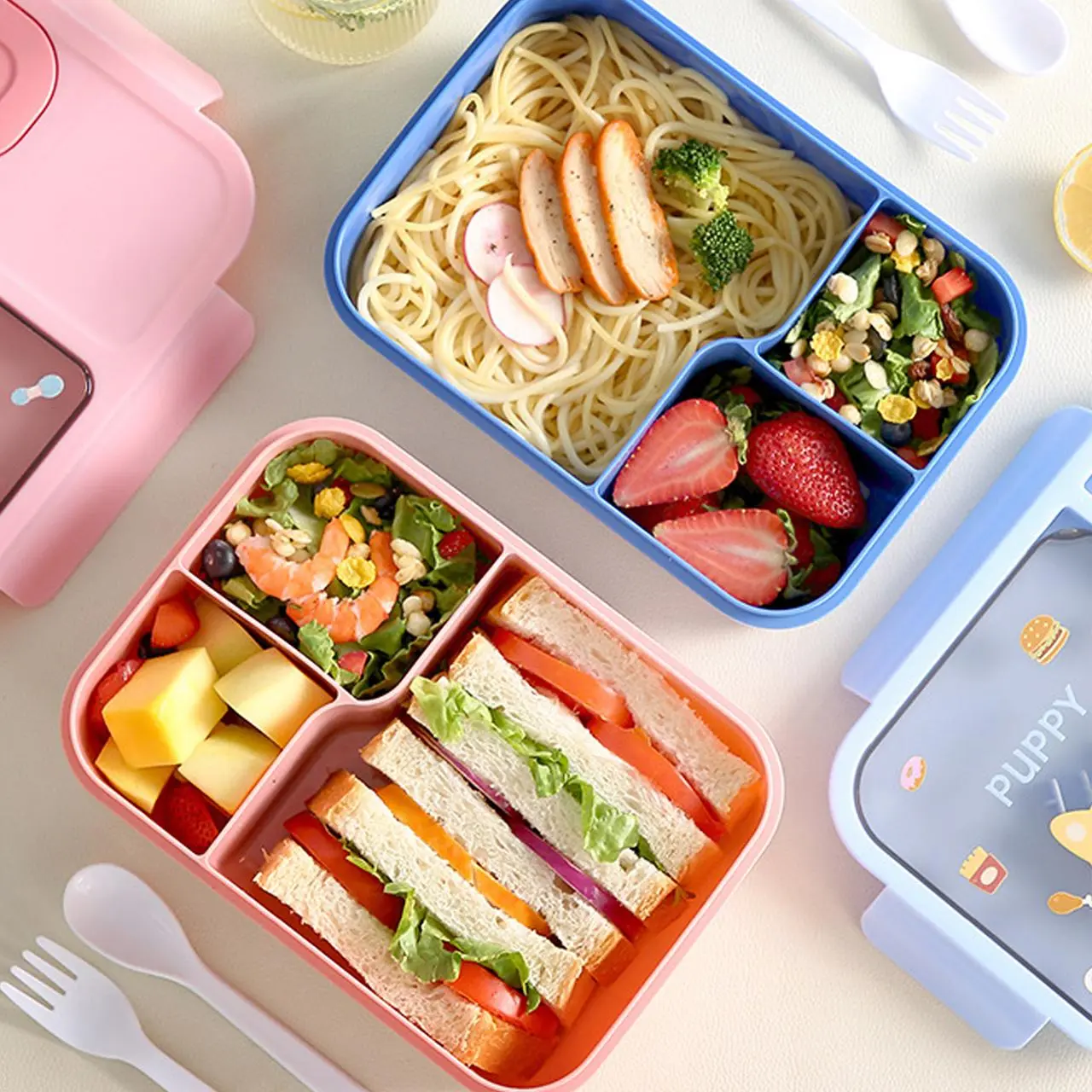 Cute Cartoon Student Lunch Box with Compartments, Large Capacity Microwave Safe Food Container for Students & Office Workers