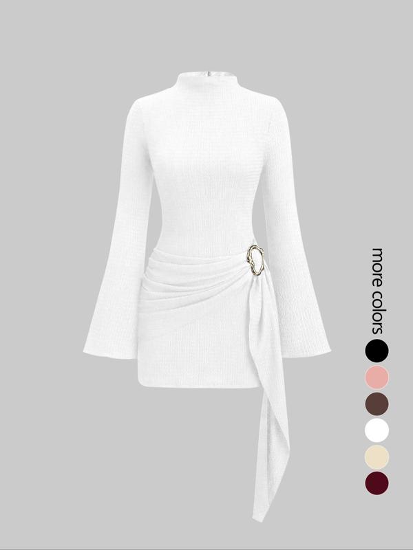 Women's Stand Collar Cinched Waist Minimalist Flare Sleeve Bodycon Midi Dress