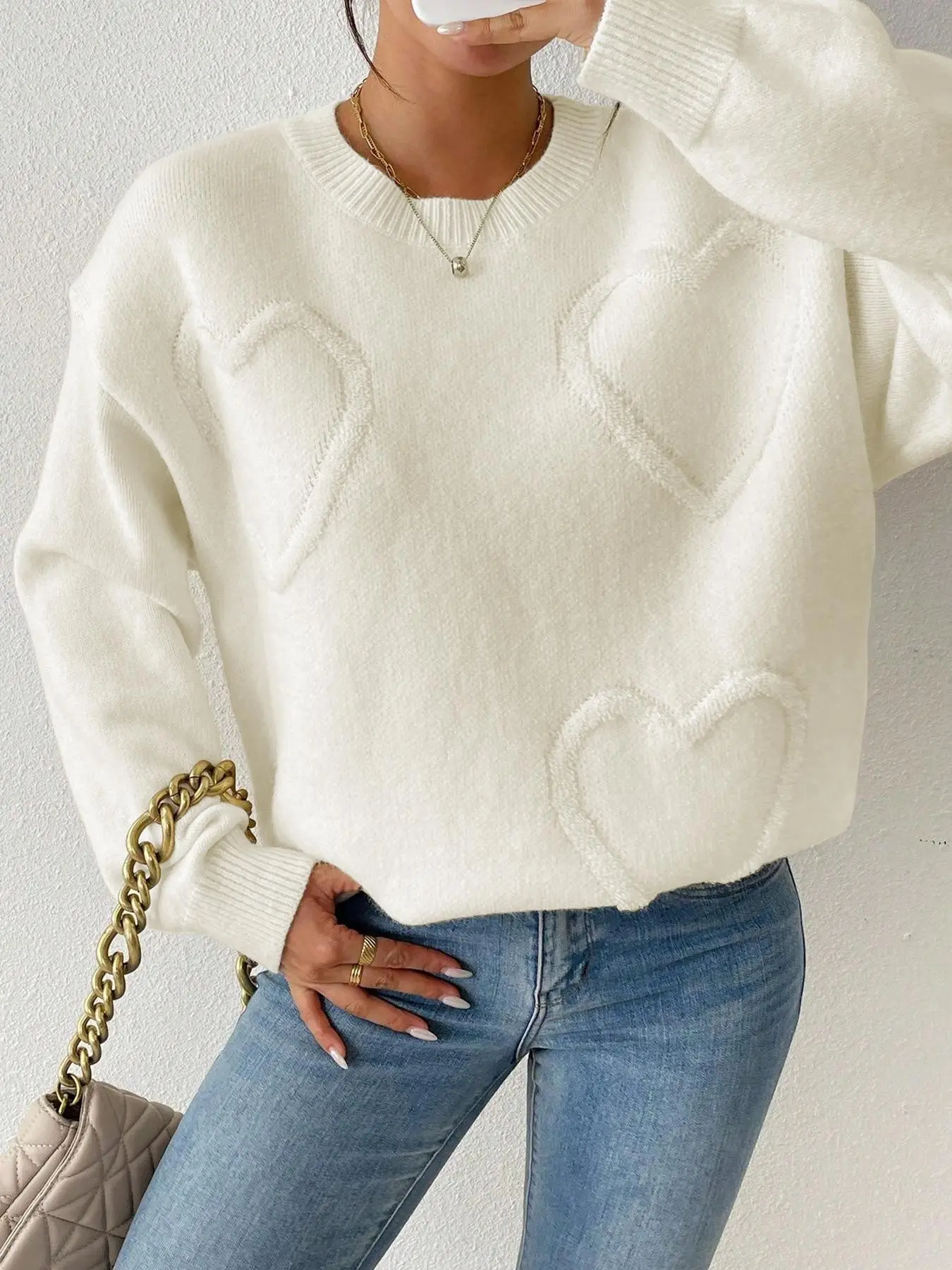 Women's Heart Jacquard Solid Crew Neck Sweater, Casual Long Sleeve Jumper for Fall & Winter, Fashion Ladies' Knitwear Tops for Everyday Wear