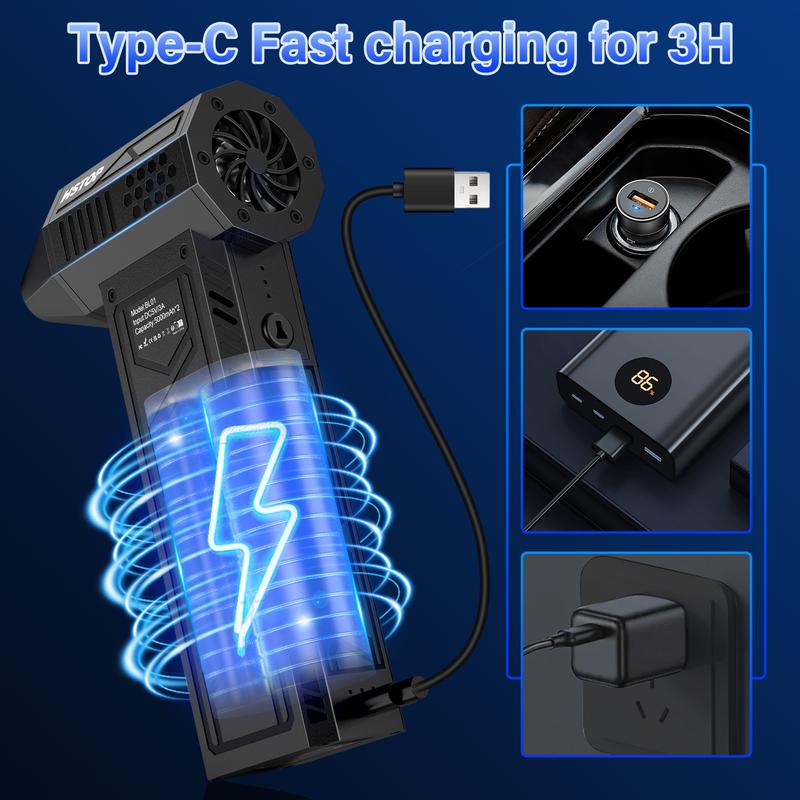 Electric Air Duster with Flashlight, Portable Cordless Leaf Blower, Turbo Fan, Rechargeable Cleaning Kit, Lightweight Jet Fan for Camping, Outdoors