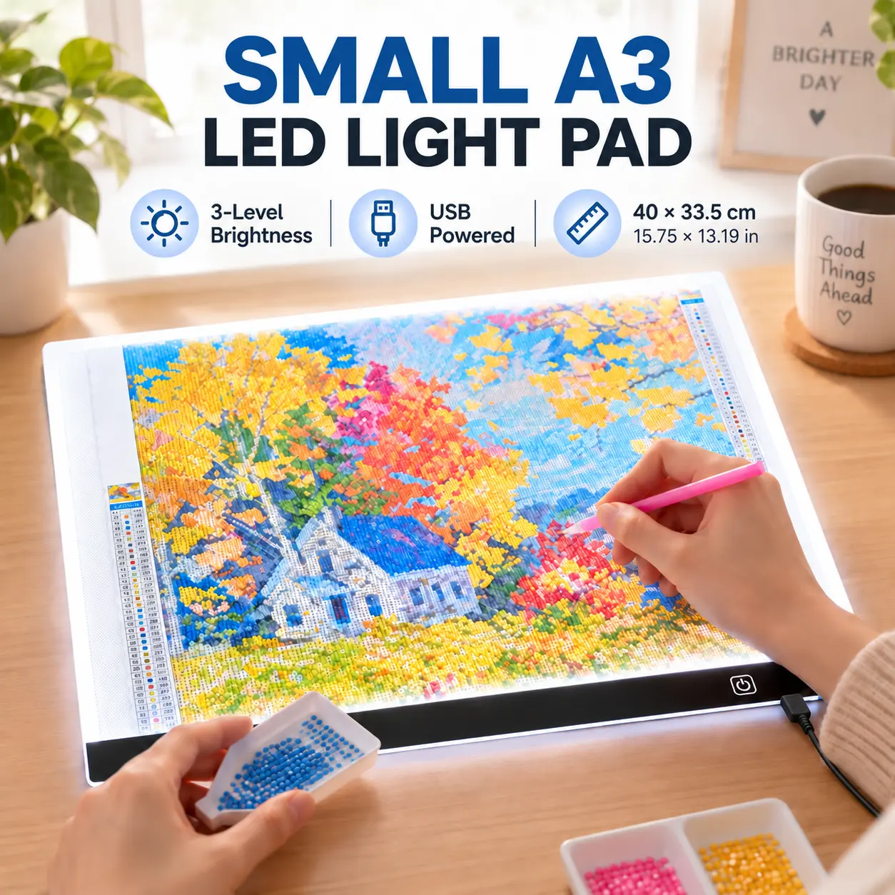 A3 LED Light Pad Kit (40x33.5cm), USB-Powered Tracing Light Box & Copy Board with 3-Level Brightness, 4 Black Binder Clips, Ultra-Thin Drawing Board for Diamond Painting, Sketching, DIY Crafts