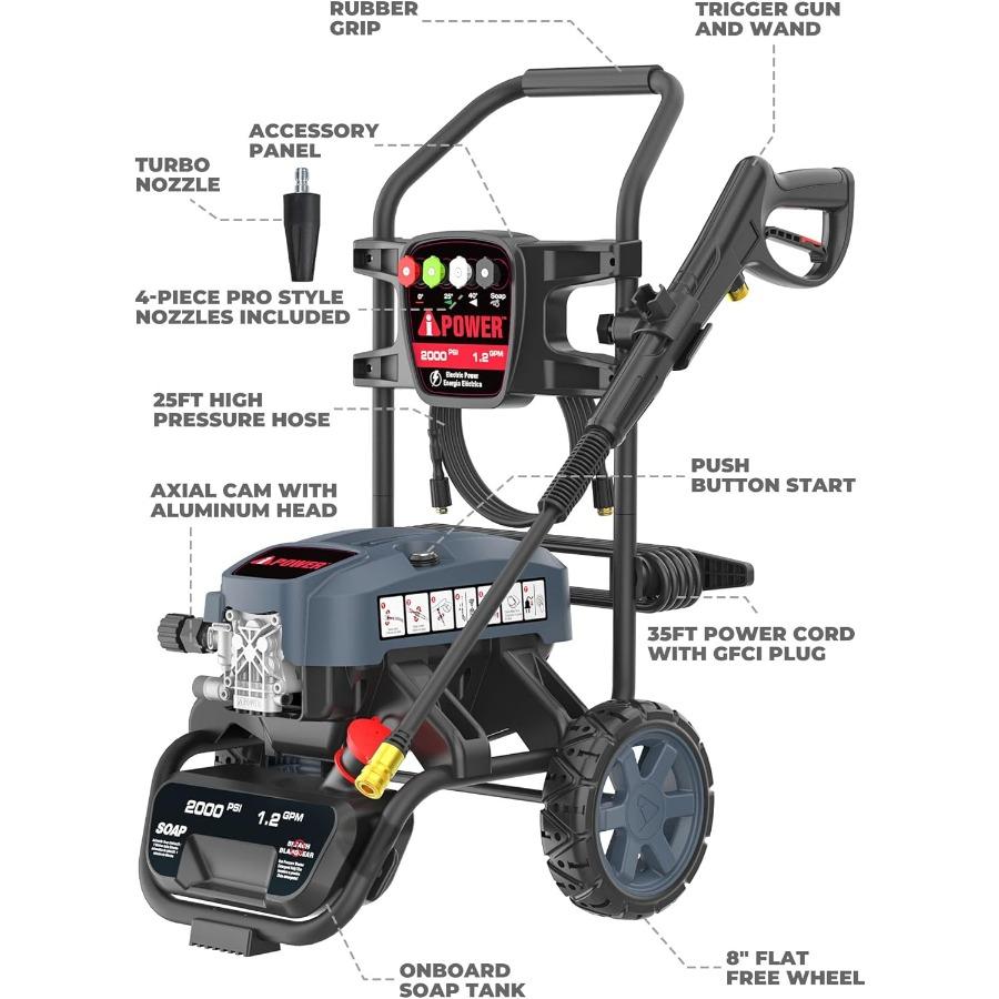 APW2000E Electric Pressure Washer with 2000 PSI and 1.2 GPM CETL Compliant Features Onboard Soap Tank 5 Quick Connect Nozzles S